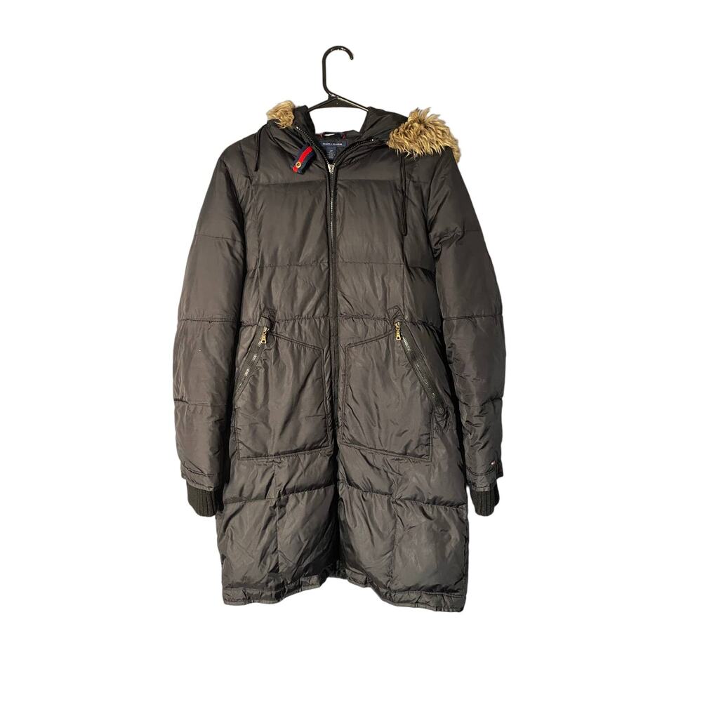 Tommy Hilfiger Black Long Down Blend Quilted Faux Fur Hooded Coat Women Sz S